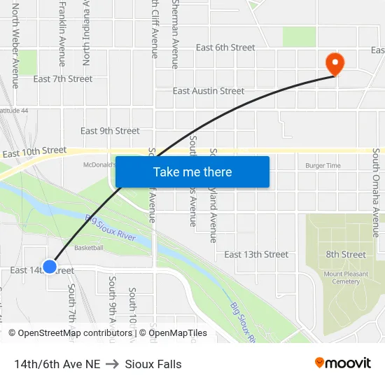 14th/6th Ave NE to Sioux Falls map