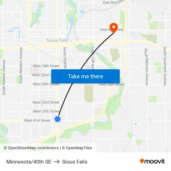 Minnesota/40th SE to Sioux Falls map
