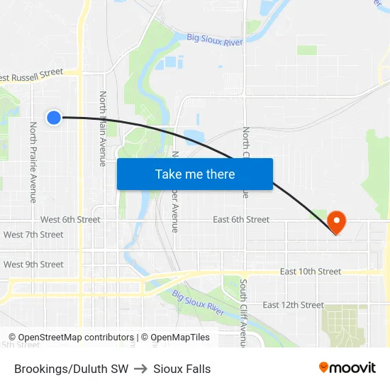 Brookings/Duluth SW to Sioux Falls map