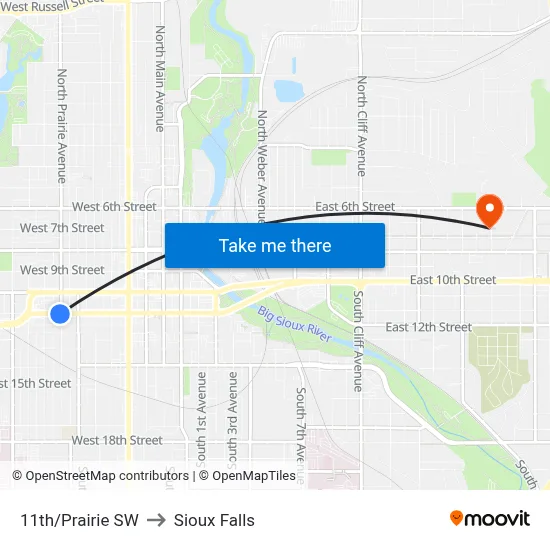 11th/Prairie SW to Sioux Falls map