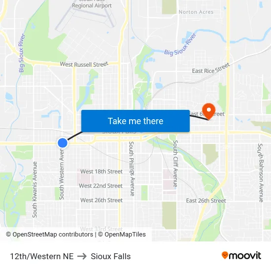 12th/Western NE to Sioux Falls map