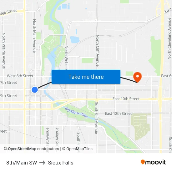 8th/Main SW to Sioux Falls map