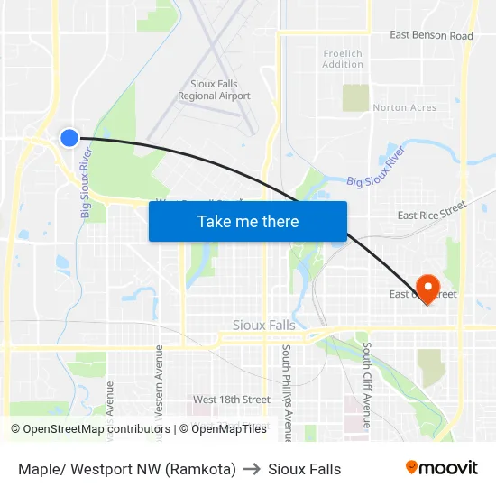 Maple/ Westport NW (Ramkota) to Sioux Falls map