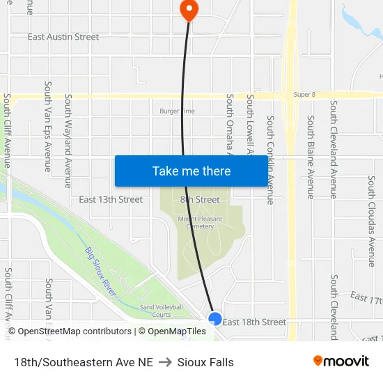 18th/Southeastern Ave NE to Sioux Falls map
