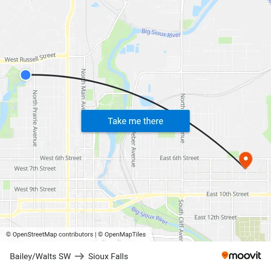 Bailey/Walts SW to Sioux Falls map