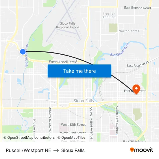 Russell/Westport NE to Sioux Falls map