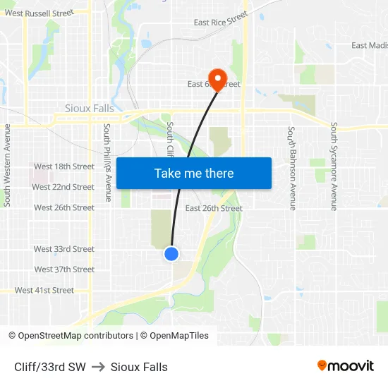Cliff/33rd SW to Sioux Falls map