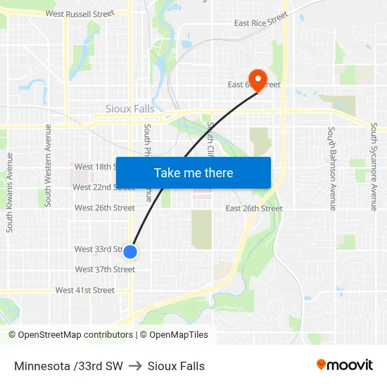 Minnesota /33rd SW to Sioux Falls map