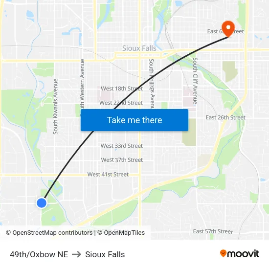 49th/Oxbow NE to Sioux Falls map