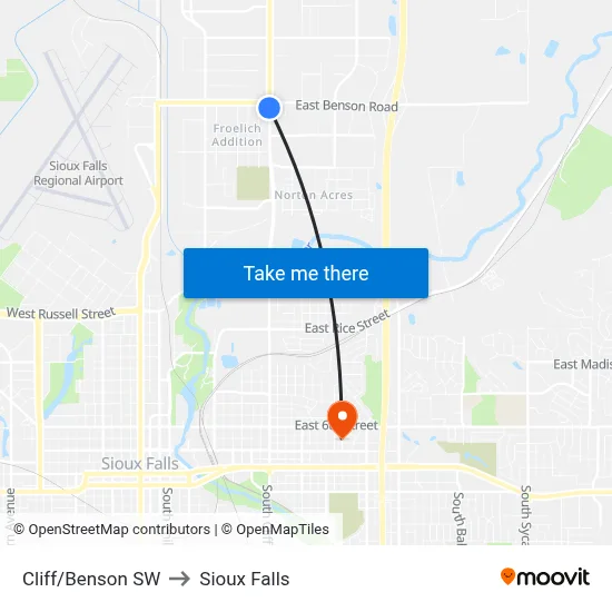 Cliff/Benson SW to Sioux Falls map