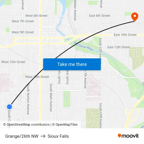 Grange/26th NW to Sioux Falls map