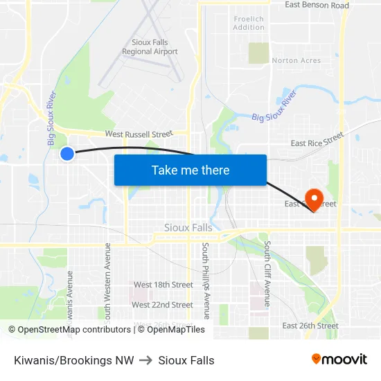 Kiwanis/Brookings NW to Sioux Falls map