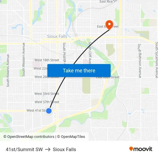 41st/Summit SW to Sioux Falls map