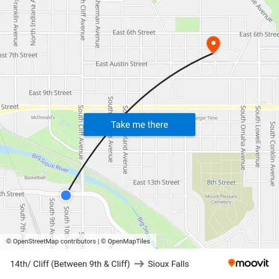 14th/ Cliff (Between 9th & Cliff) to Sioux Falls map