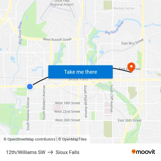 12th/Williams SW to Sioux Falls map
