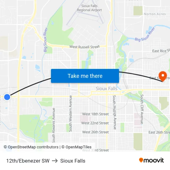12th/Ebenezer SW to Sioux Falls map