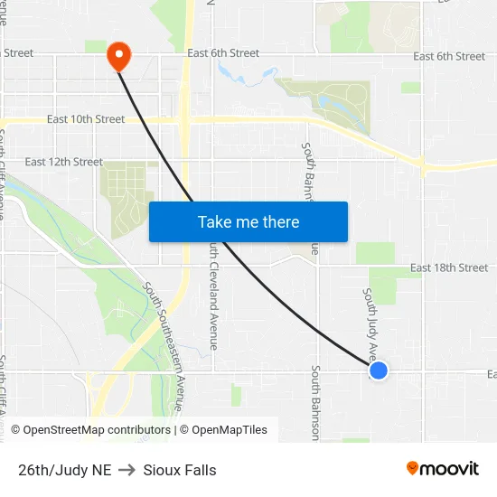 26th/Judy NE to Sioux Falls map