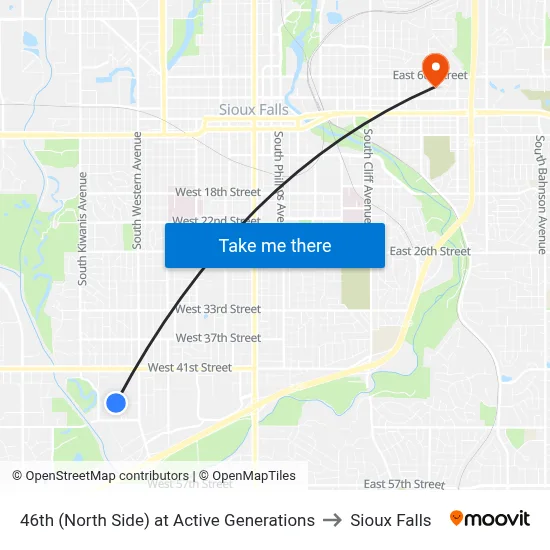 46th (North Side) at Active Generations to Sioux Falls map
