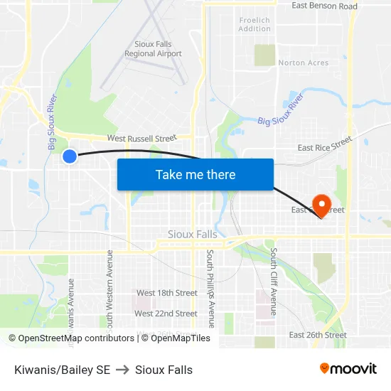 Kiwanis/Bailey SE to Sioux Falls map