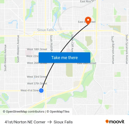 41st/Norton NE Corner to Sioux Falls map