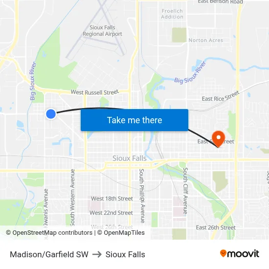 Madison/Garfield SW to Sioux Falls map