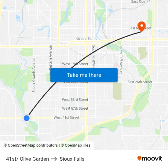 41st/ Olive Garden to Sioux Falls map