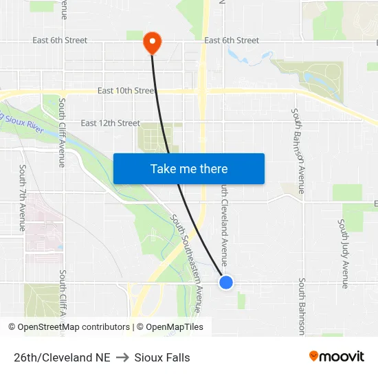 26th/Cleveland NE to Sioux Falls map