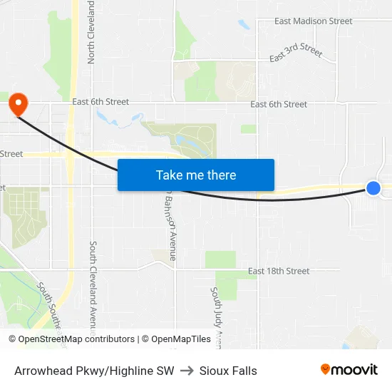 Arrowhead Pkwy/Highline SW to Sioux Falls map