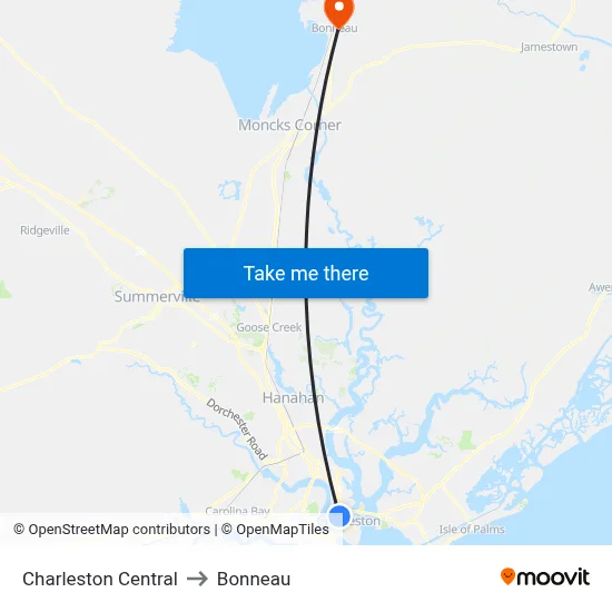 Charleston Central to Bonneau map