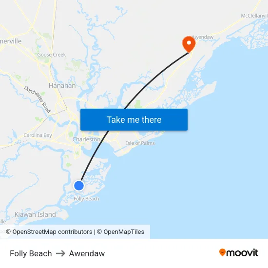 Folly Beach to Awendaw map