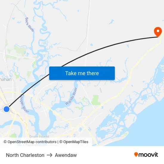 North Charleston to Awendaw map