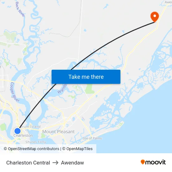 Charleston Central to Awendaw map