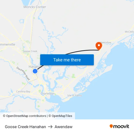Goose Creek-Hanahan to Awendaw map
