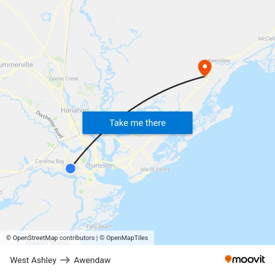 West Ashley to Awendaw map