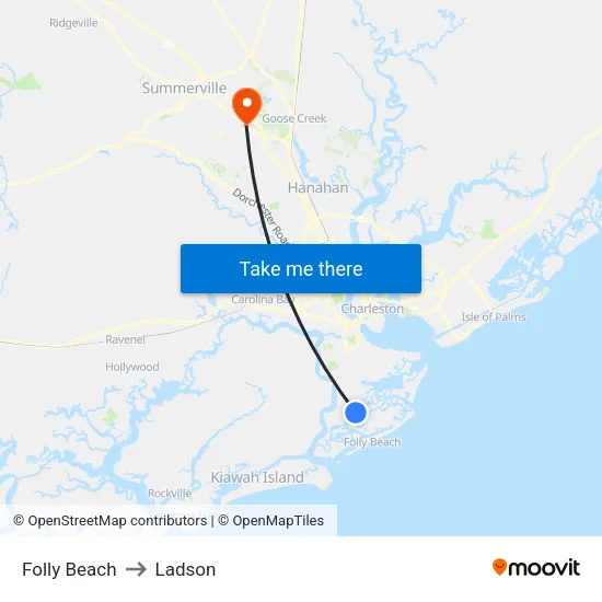 Folly Beach to Ladson map