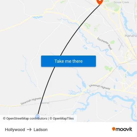 Hollywood to Ladson map