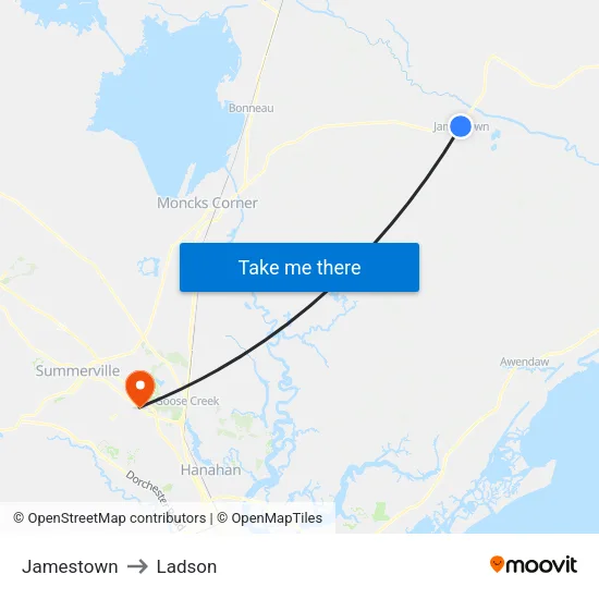 Jamestown to Ladson map