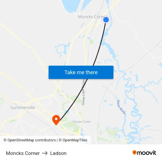 Moncks Corner to Ladson map