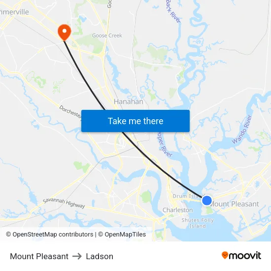 Mount Pleasant to Ladson map