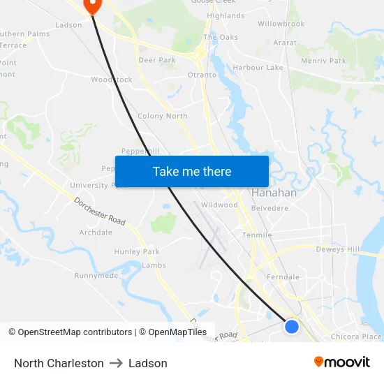 North Charleston to Ladson map