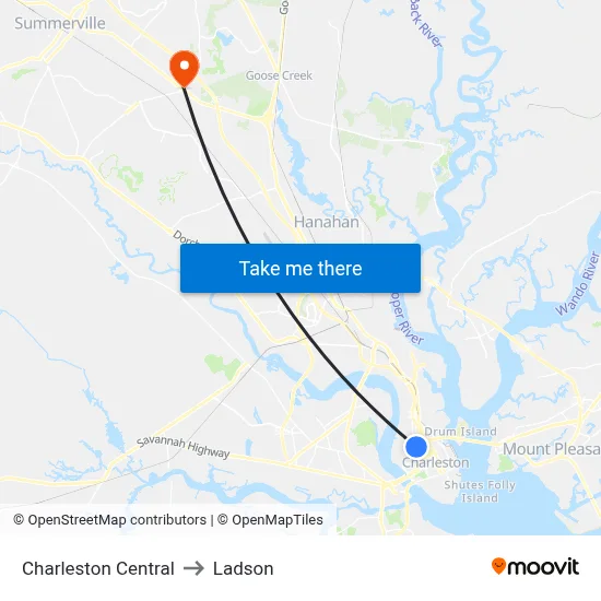 Charleston Central to Ladson map