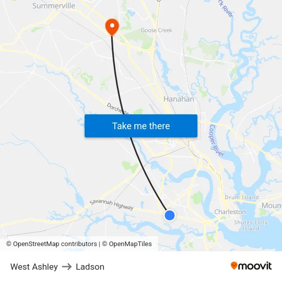 West Ashley to Ladson map