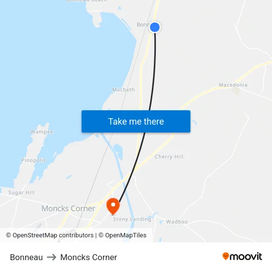 Bonneau to Moncks Corner map