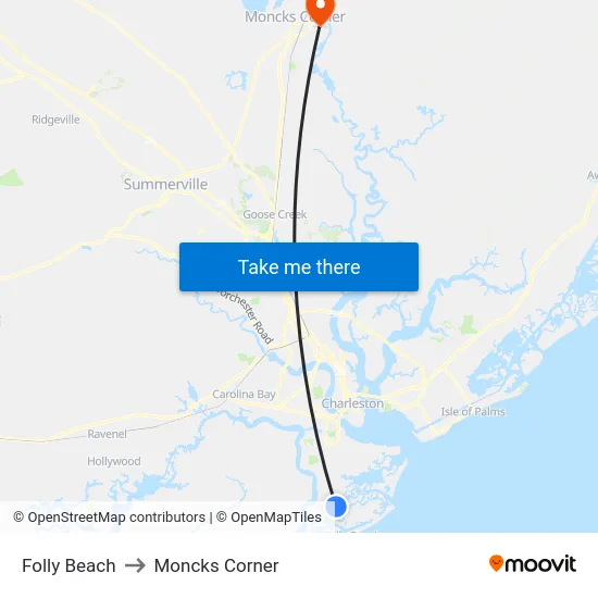 Folly Beach to Moncks Corner map