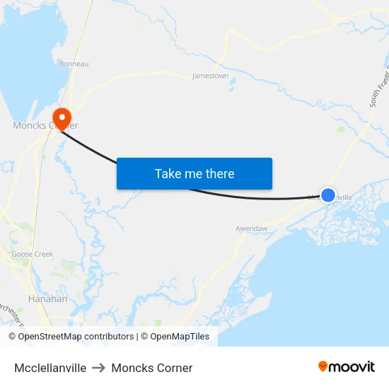 Mcclellanville to Moncks Corner map