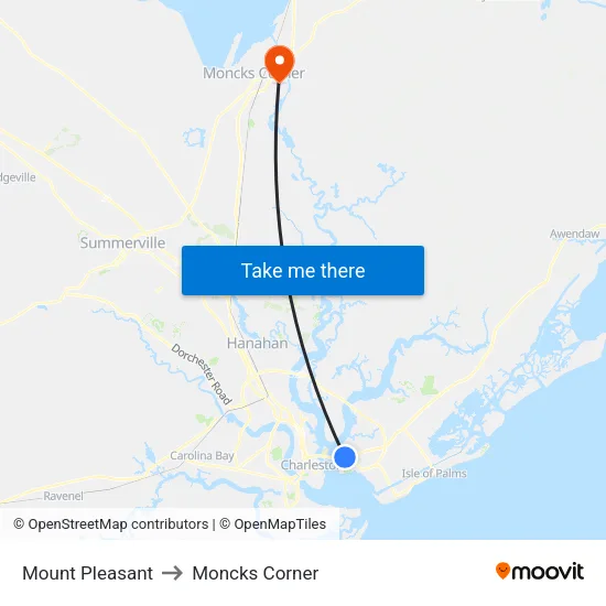 Mount Pleasant to Moncks Corner map