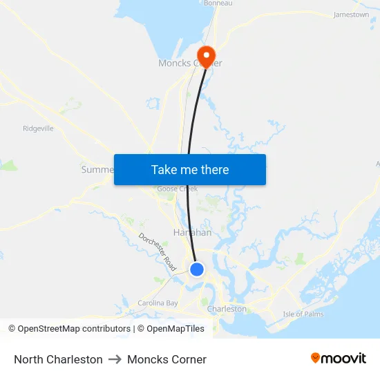 North Charleston to Moncks Corner map