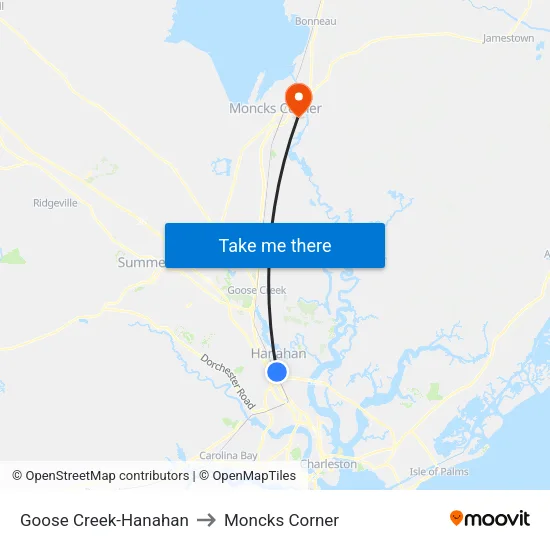 Goose Creek-Hanahan to Moncks Corner map