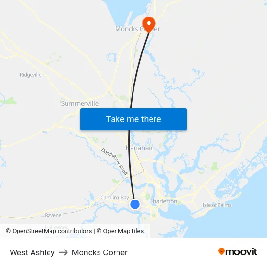 West Ashley to Moncks Corner map