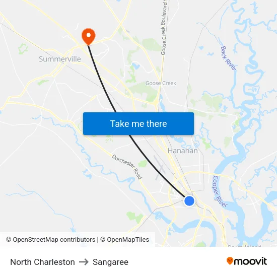North Charleston to Sangaree map